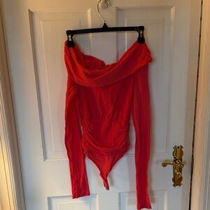 Wolford Orange Off-Shoulder Long Sleeve Bodysuit